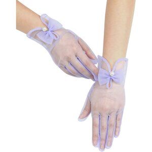 Women's Lavender Bow Tulle Pearls Mesh Tea Short Gloves Party Prom Accessories